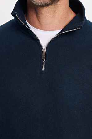 Unisex Relax Fit Rahat Kesim Pamuklu Yarım Fermuarlı Lacivert Dik Yaka Sweatshirt