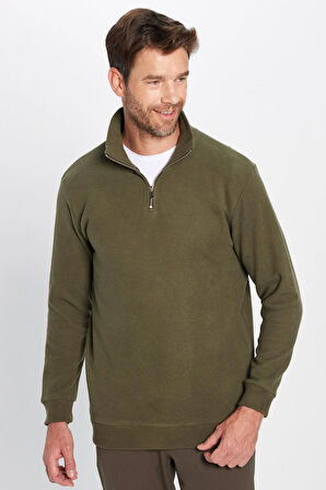 Unisex Relax Fit Rahat Kesim Pamuklu Yarım Fermuarlı Haki Dik Yaka Sweatshirt