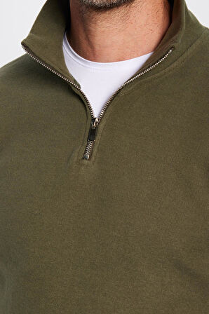 Unisex Relax Fit Rahat Kesim Pamuklu Yarım Fermuarlı Haki Dik Yaka Sweatshirt