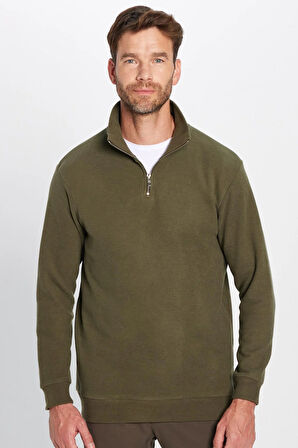 Unisex Relax Fit Rahat Kesim Pamuklu Yarım Fermuarlı Haki Dik Yaka Sweatshirt