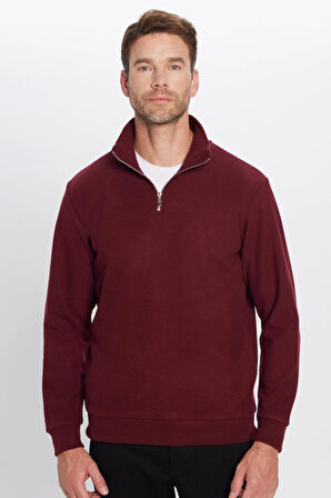 Unisex Relax Fit Rahat Kesim Pamuklu Yarım Fermuarlı Bordo Dik Yaka Sweatshirt