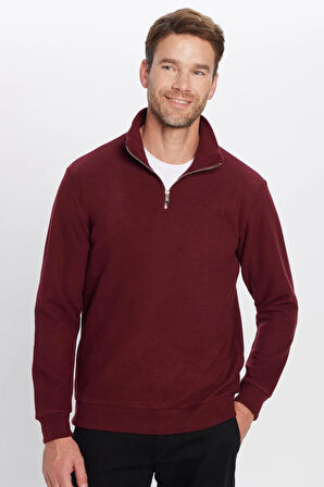 Unisex Relax Fit Rahat Kesim Pamuklu Yarım Fermuarlı Bordo Dik Yaka Sweatshirt