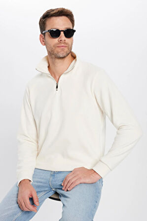 Unisex Relax Fit Rahat Kesim Fitilli Desenli Pamuklu Yarım Fermuarlı Ekru Dik Yaka Sweatshirt