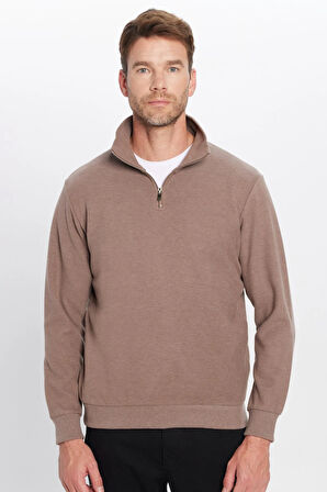 Unisex Relax Fit Rahat Kesim Fitilli Desenli Pamuklu Yarım Fermuarlı Kahverengi Dik Yaka Sweatshirt