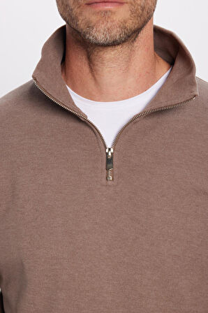 Unisex Relax Fit Rahat Kesim Fitilli Desenli Pamuklu Yarım Fermuarlı Kahverengi Dik Yaka Sweatshirt