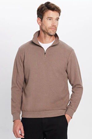 Unisex Relax Fit Rahat Kesim Fitilli Desenli Pamuklu Yarım Fermuarlı Kahverengi Dik Yaka Sweatshirt