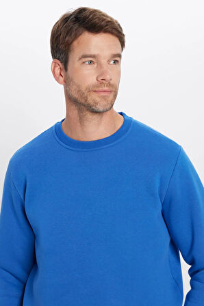 Unisex Oversize Geniş Kesim Pamuklu Yumuşak Dokulu Polarlı Basic Saks Mavi Bisiklet Yaka Sweatshirt