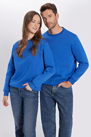 Unisex Oversize Geniş Kesim Pamuklu Yumuşak Dokulu Polarlı Basic Saks Mavi Bisiklet Yaka Sweatshirt