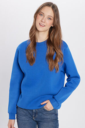 Unisex Oversize Geniş Kesim Pamuklu Yumuşak Dokulu Polarlı Basic Saks Mavi Bisiklet Yaka Sweatshirt