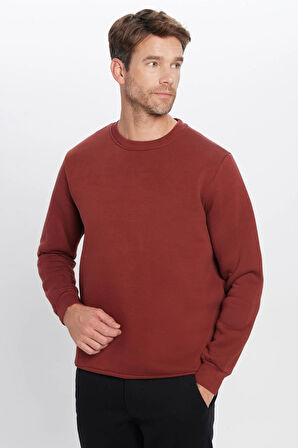 Unisex Oversize Geniş Kesim Pamuklu Yumuşak Dokulu Polarlı Basic Kahverengi Bisiklet Yaka Sweatshirt