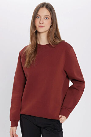 Unisex Oversize Geniş Kesim Pamuklu Yumuşak Dokulu Polarlı Basic Kahverengi Bisiklet Yaka Sweatshirt