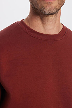 Unisex Oversize Geniş Kesim Pamuklu Yumuşak Dokulu Polarlı Basic Kahverengi Bisiklet Yaka Sweatshirt