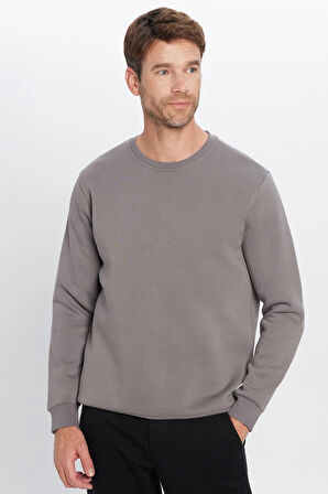 Unisex Oversize Geniş Kesim Pamuklu Yumuşak Dokulu İçi Polarlı Basic Gri Bisiklet Yaka Sweatshirt