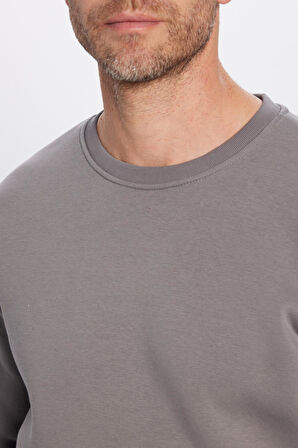 Unisex Oversize Geniş Kesim Pamuklu Yumuşak Dokulu İçi Polarlı Basic Gri Bisiklet Yaka Sweatshirt