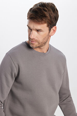 Unisex Oversize Geniş Kesim Pamuklu Yumuşak Dokulu İçi Polarlı Basic Gri Bisiklet Yaka Sweatshirt