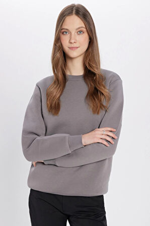 Unisex Oversize Geniş Kesim Pamuklu Yumuşak Dokulu İçi Polarlı Basic Gri Bisiklet Yaka Sweatshirt