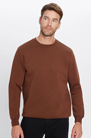 Unisex Oversize Geniş Kesim Pamuklu Yumuşak Dokulu Polarlı Basic Kahverengi Bisiklet Yaka Sweatshirt