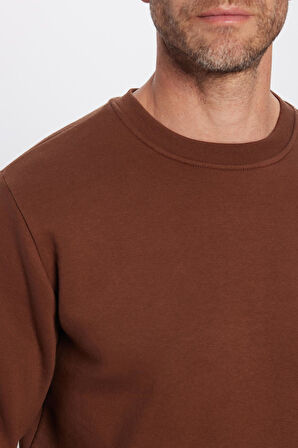 Unisex Oversize Geniş Kesim Pamuklu Yumuşak Dokulu Polarlı Basic Kahverengi Bisiklet Yaka Sweatshirt