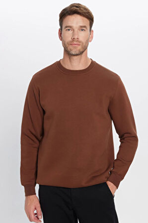 Unisex Oversize Geniş Kesim Pamuklu Yumuşak Dokulu Polarlı Basic Kahverengi Bisiklet Yaka Sweatshirt