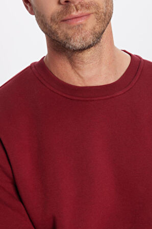 Unisex Oversize Geniş Kesim Pamuklu Yumuşak Dokulu İçi Polarlı Basic Bordo Bisiklet Yaka Sweatshirt