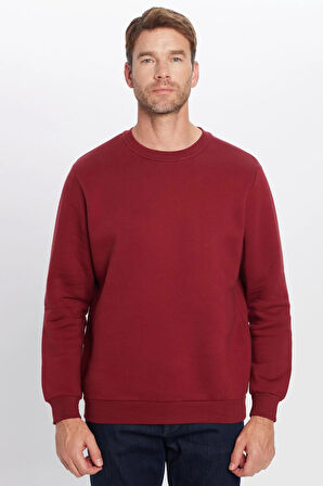 Unisex Oversize Geniş Kesim Pamuklu Yumuşak Dokulu İçi Polarlı Basic Bordo Bisiklet Yaka Sweatshirt