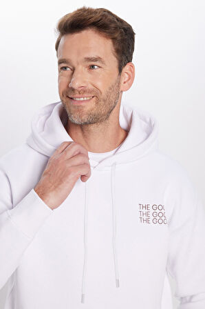 Unisex Oversize Geniş Kesim Pamuklu Yumuşak Dokulu İçi Polarlı Baskılı Beyaz Kapüşonlu Sweatshirt