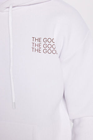 Unisex Oversize Geniş Kesim Pamuklu Yumuşak Dokulu İçi Polarlı Baskılı Beyaz Kapüşonlu Sweatshirt