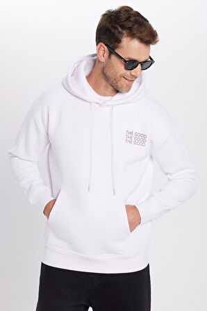 Unisex Oversize Geniş Kesim Pamuklu Yumuşak Dokulu İçi Polarlı Baskılı Beyaz Kapüşonlu Sweatshirt