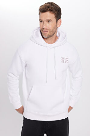 Unisex Oversize Geniş Kesim Pamuklu Yumuşak Dokulu İçi Polarlı Baskılı Beyaz Kapüşonlu Sweatshirt