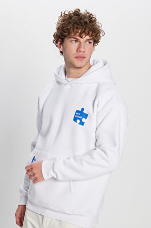 Unisex Oversize Geniş Kesim Pamuklu Yumuşak Dokulu İçi Polarlı Baskılı Beyaz Kapüşonlu Sweatshirt