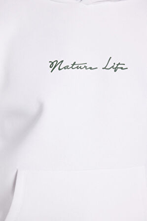 Unisex Oversize Geniş Kesim Pamuklu Yumuşak Dokulu İçi Polarlı Baskılı Beyaz Kapüşonlu Sweatshirt