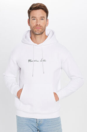 Unisex Oversize Geniş Kesim Pamuklu Yumuşak Dokulu İçi Polarlı Baskılı Beyaz Kapüşonlu Sweatshirt