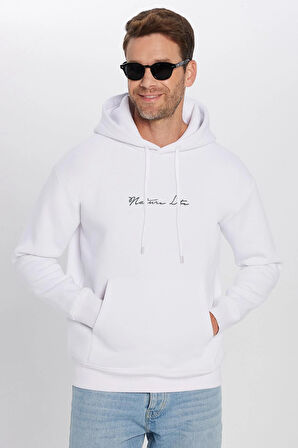 Unisex Oversize Geniş Kesim Pamuklu Yumuşak Dokulu İçi Polarlı Baskılı Beyaz Kapüşonlu Sweatshirt