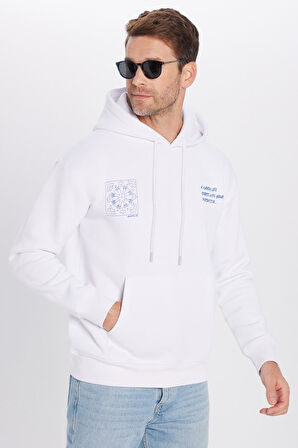 Unisex Oversize Geniş Kesim Pamuklu Yumuşak Dokulu İçi Polarlı Baskılı Beyaz Kapüşonlu Sweatshirt