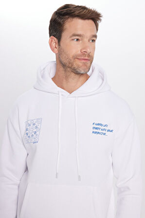 Unisex Oversize Geniş Kesim Pamuklu Yumuşak Dokulu İçi Polarlı Baskılı Beyaz Kapüşonlu Sweatshirt