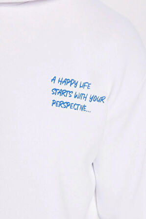 Unisex Oversize Geniş Kesim Pamuklu Yumuşak Dokulu İçi Polarlı Baskılı Beyaz Kapüşonlu Sweatshirt