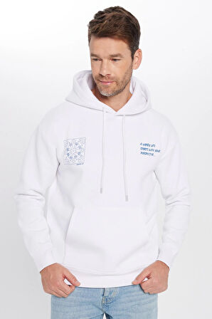 Unisex Oversize Geniş Kesim Pamuklu Yumuşak Dokulu İçi Polarlı Baskılı Beyaz Kapüşonlu Sweatshirt