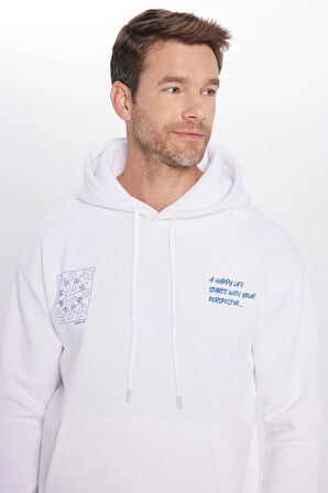 Unisex Oversize Geniş Kesim Pamuklu Yumuşak Dokulu İçi Polarlı Baskılı Beyaz Kapüşonlu Sweatshirt