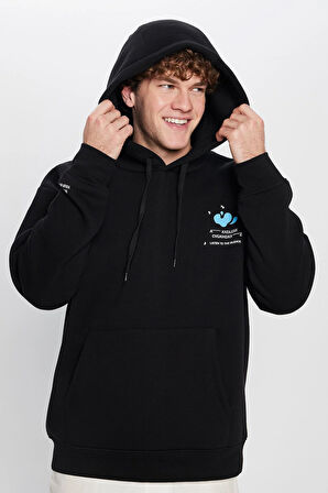 Unisex Oversize Geniş Kesim Pamuklu Yumuşak Dokulu İçi Polarlı Baskılı Siyah Kapüşonlu Sweatshirt