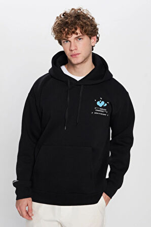 Unisex Oversize Geniş Kesim Pamuklu Yumuşak Dokulu İçi Polarlı Baskılı Siyah Kapüşonlu Sweatshirt