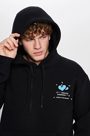 Unisex Oversize Geniş Kesim Pamuklu Yumuşak Dokulu İçi Polarlı Baskılı Siyah Kapüşonlu Sweatshirt