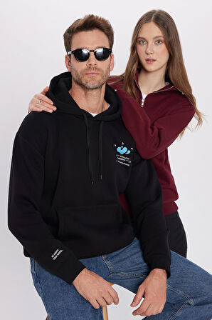Unisex Oversize Geniş Kesim Pamuklu Yumuşak Dokulu İçi Polarlı Baskılı Siyah Kapüşonlu Sweatshirt