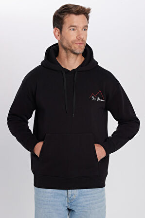 Unisex Oversize Geniş Kesim Pamuklu Yumuşak Dokulu İçi Polarlı Baskılı Siyah Kapüşonlu Sweatshirt