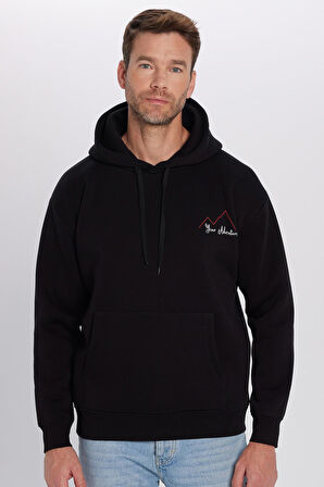 Unisex Oversize Geniş Kesim Pamuklu Yumuşak Dokulu İçi Polarlı Baskılı Siyah Kapüşonlu Sweatshirt