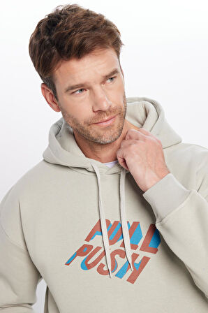 Unisex Oversize Geniş Kesim Pamuklu Yumuşak Dokulu İçi Polarlı Baskılı Taş Renk Kapüşonlu Sweatshirt