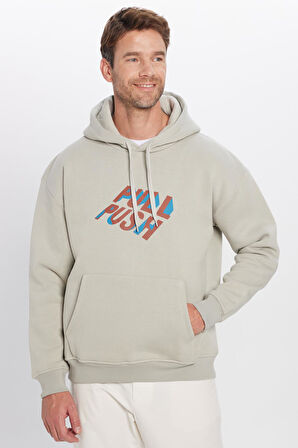 Unisex Oversize Geniş Kesim Pamuklu Yumuşak Dokulu İçi Polarlı Baskılı Taş Renk Kapüşonlu Sweatshirt