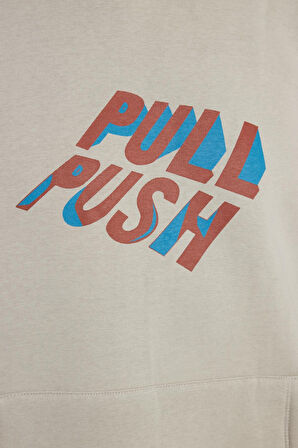 Unisex Oversize Geniş Kesim Pamuklu Yumuşak Dokulu İçi Polarlı Baskılı Taş Renk Kapüşonlu Sweatshirt