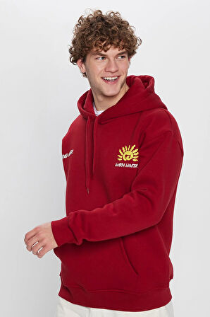 Unisex Oversize Geniş Kesim Pamuklu Yumuşak Dokulu İçi Polarlı Baskılı Bordo Kapüşonlu Sweatshirt