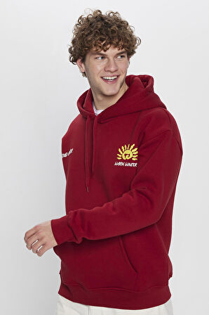 Unisex Oversize Geniş Kesim Pamuklu Yumuşak Dokulu İçi Polarlı Baskılı Bordo Kapüşonlu Sweatshirt