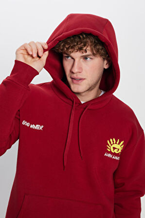 Unisex Oversize Geniş Kesim Pamuklu Yumuşak Dokulu İçi Polarlı Baskılı Bordo Kapüşonlu Sweatshirt